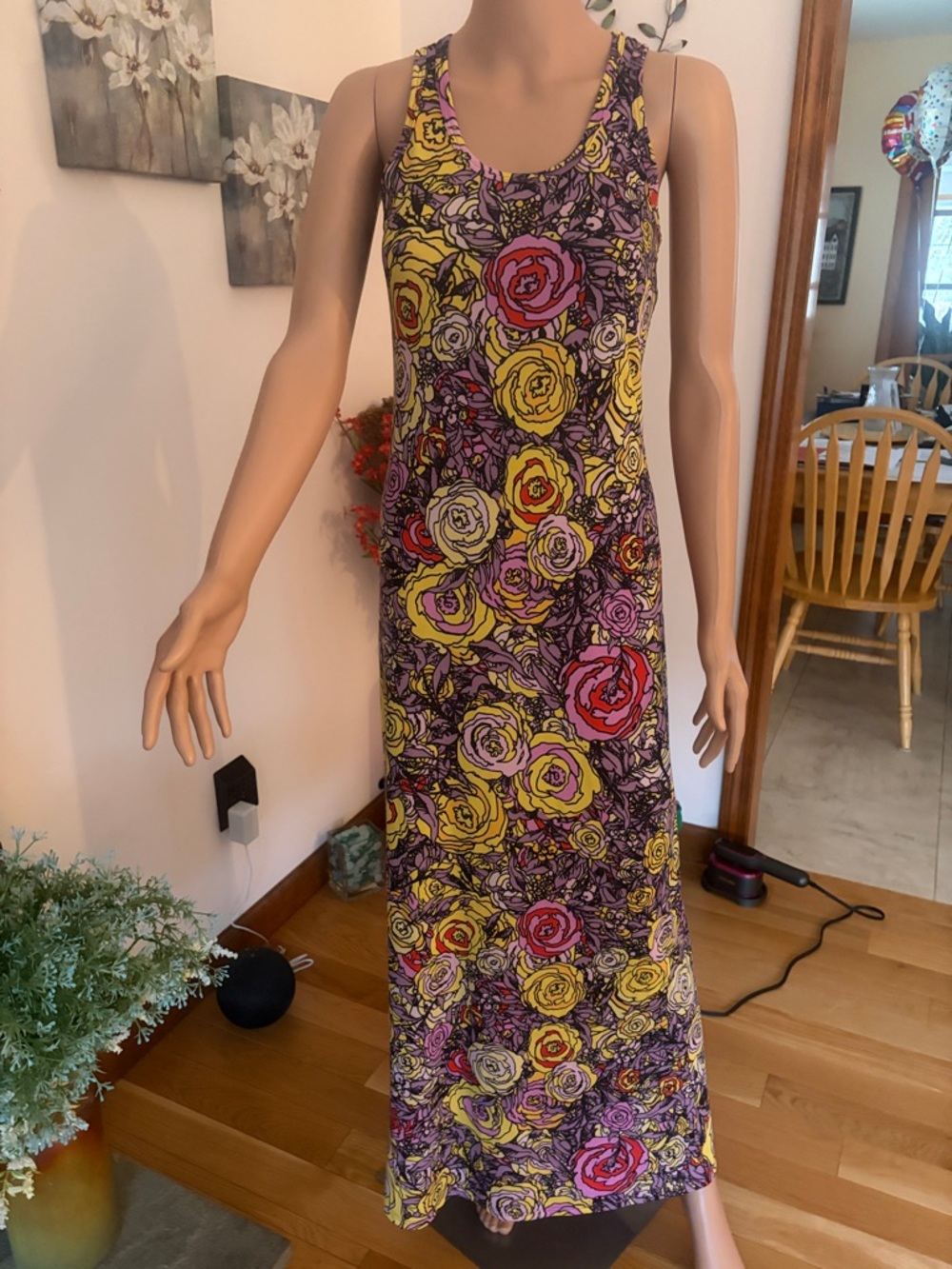 LuLaRoe Sleeveless Maxi Dress in Purple, Yellow & Pink Rose Print